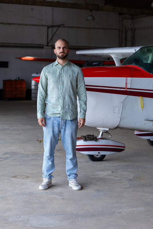 Power Off | Linen Button Shirt | Apple Green
